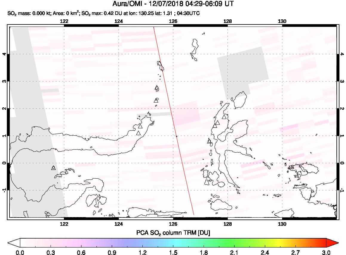 A sulfur dioxide image over Northern Sulawesi & Halmahera, Indonesia on Dec 07, 2018.