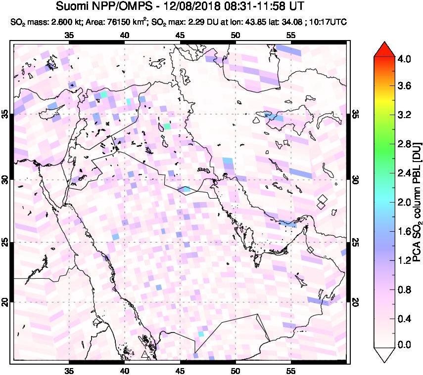 A sulfur dioxide image over Middle East on Dec 08, 2018.
