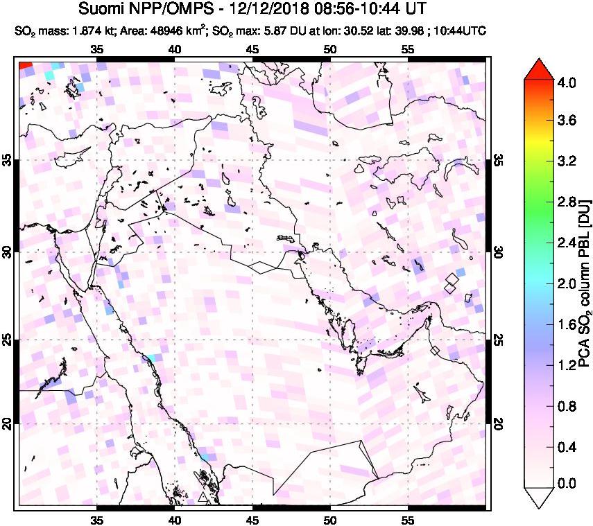 A sulfur dioxide image over Middle East on Dec 12, 2018.