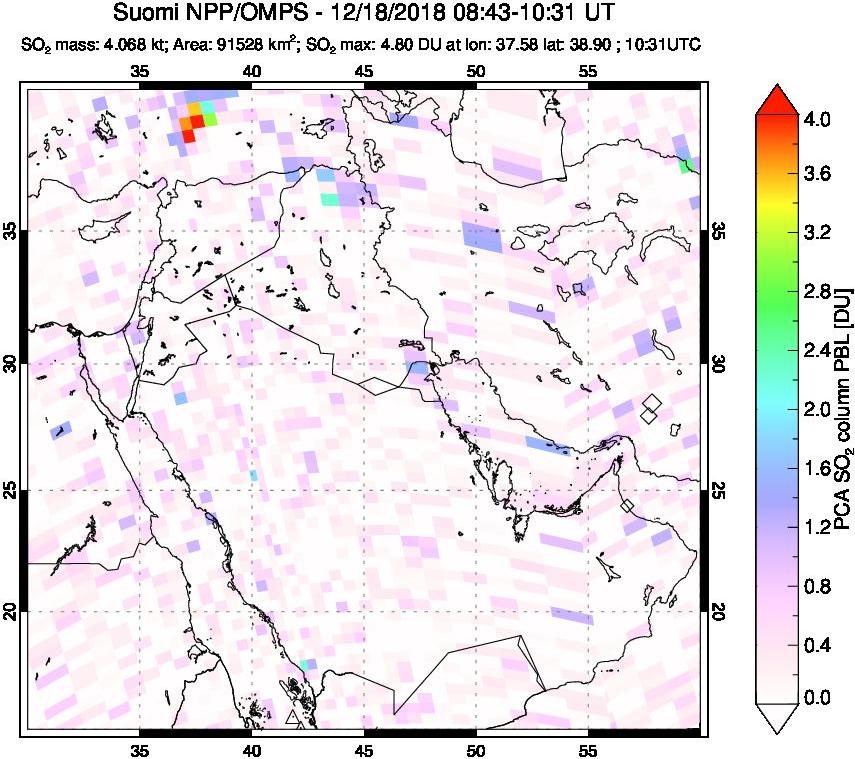 A sulfur dioxide image over Middle East on Dec 18, 2018.