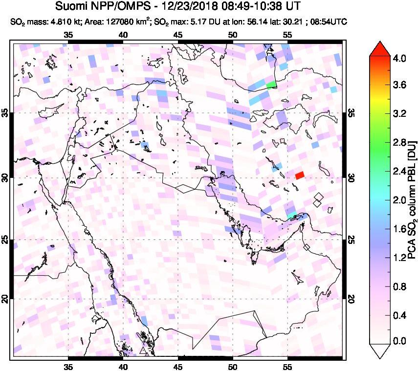 A sulfur dioxide image over Middle East on Dec 23, 2018.