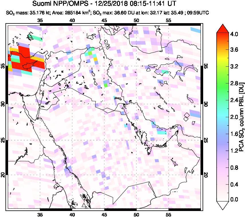 A sulfur dioxide image over Middle East on Dec 25, 2018.