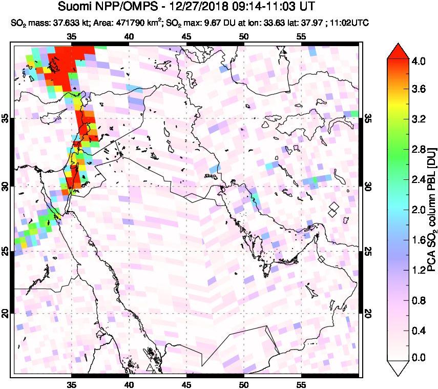 A sulfur dioxide image over Middle East on Dec 27, 2018.
