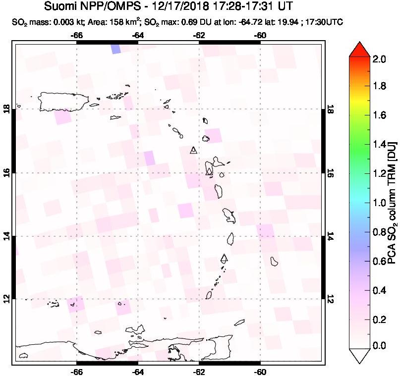 A sulfur dioxide image over Montserrat, West Indies on Dec 17, 2018.