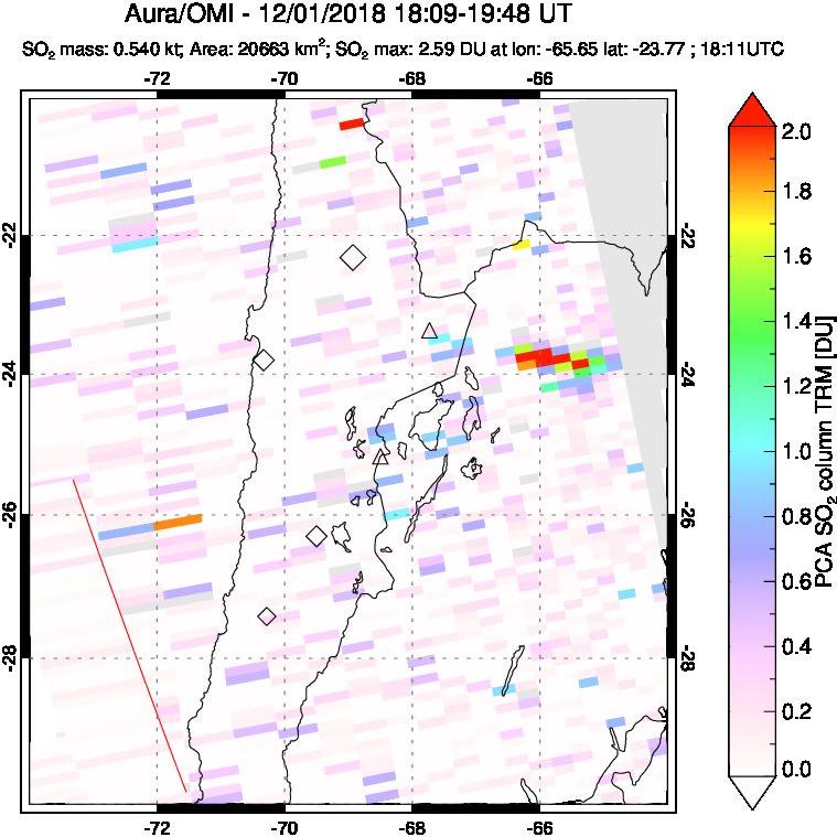 A sulfur dioxide image over Northern Chile on Dec 01, 2018.