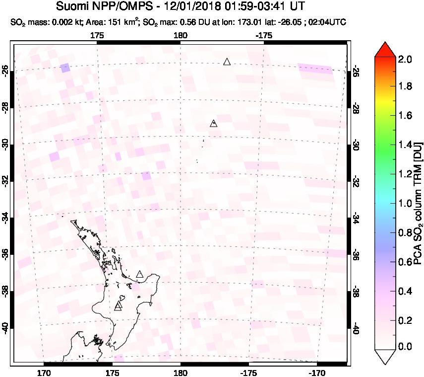 A sulfur dioxide image over New Zealand on Dec 01, 2018.