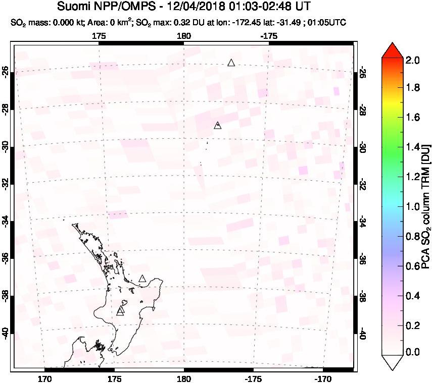 A sulfur dioxide image over New Zealand on Dec 04, 2018.