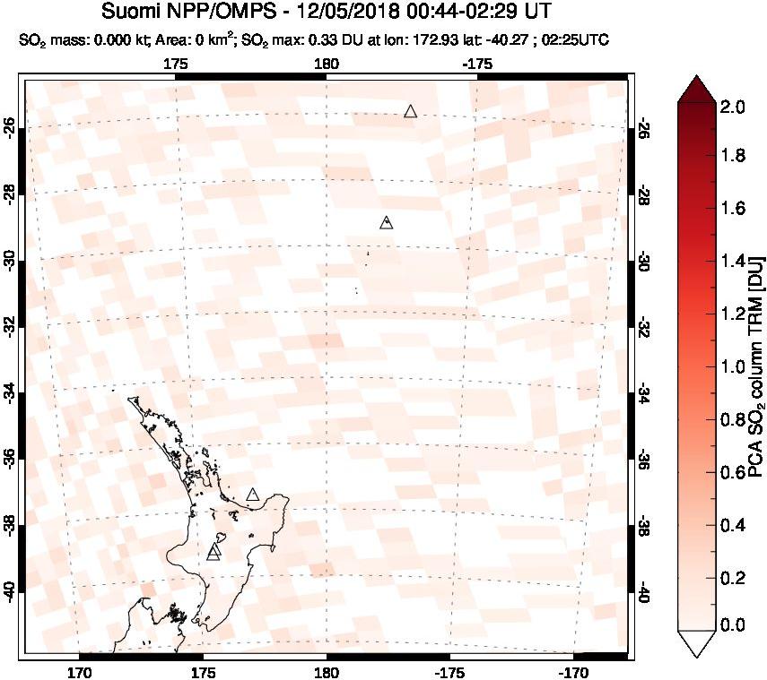 A sulfur dioxide image over New Zealand on Dec 05, 2018.