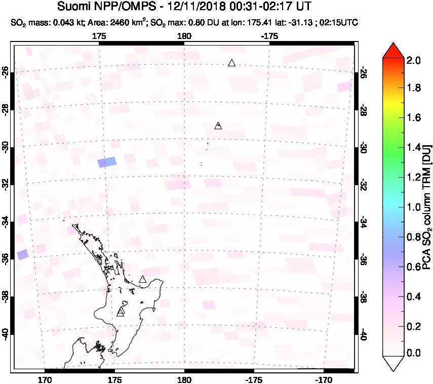 A sulfur dioxide image over New Zealand on Dec 11, 2018.