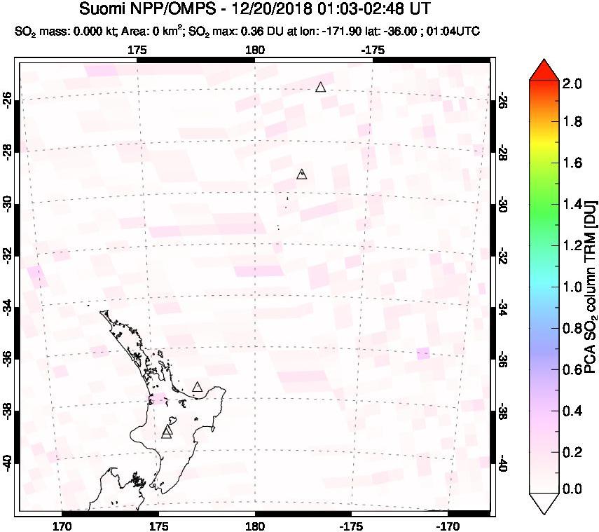 A sulfur dioxide image over New Zealand on Dec 20, 2018.