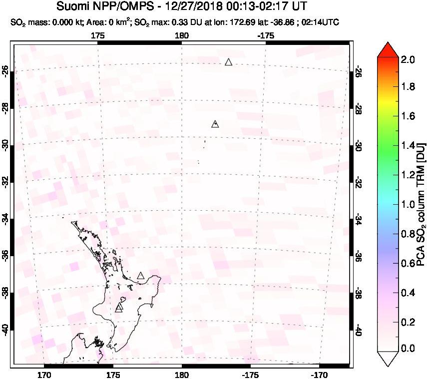 A sulfur dioxide image over New Zealand on Dec 27, 2018.
