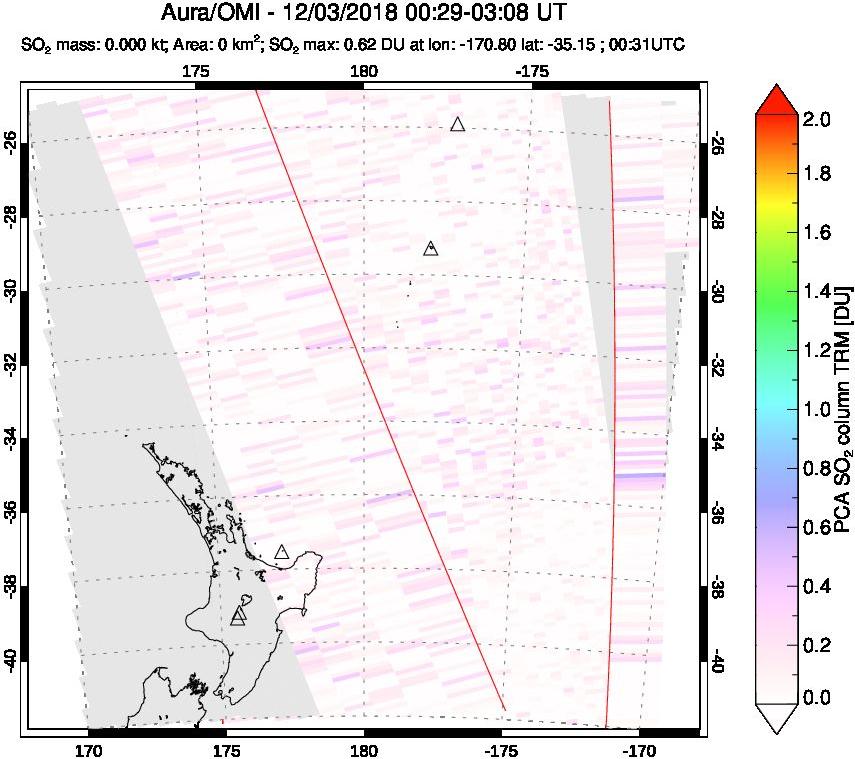 A sulfur dioxide image over New Zealand on Dec 03, 2018.