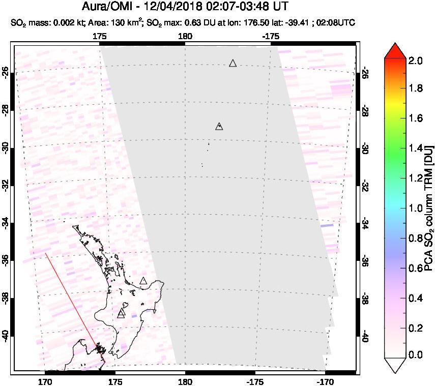A sulfur dioxide image over New Zealand on Dec 04, 2018.