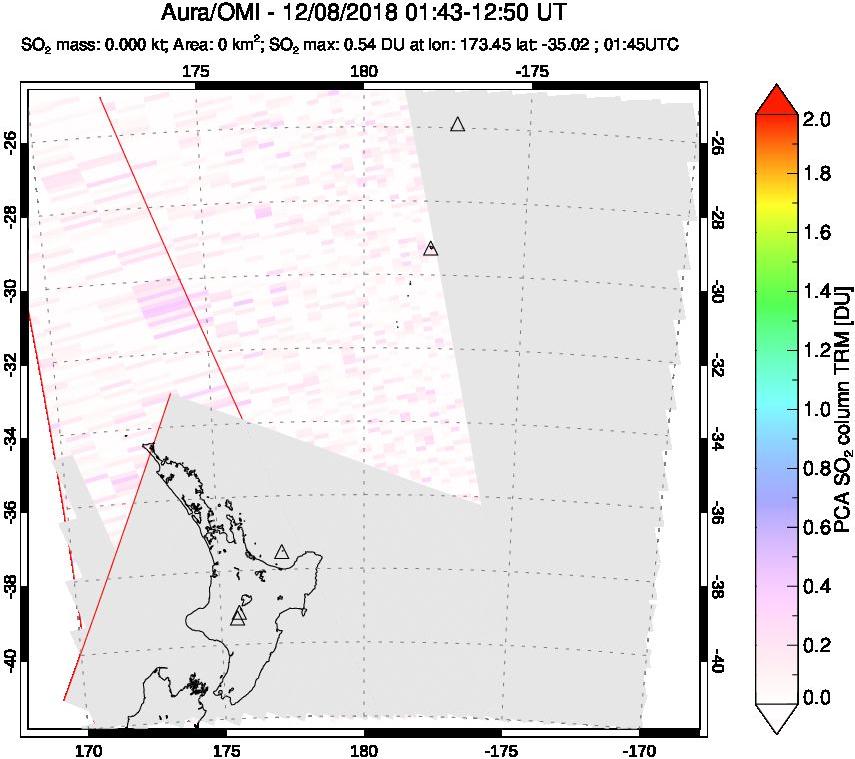 A sulfur dioxide image over New Zealand on Dec 08, 2018.