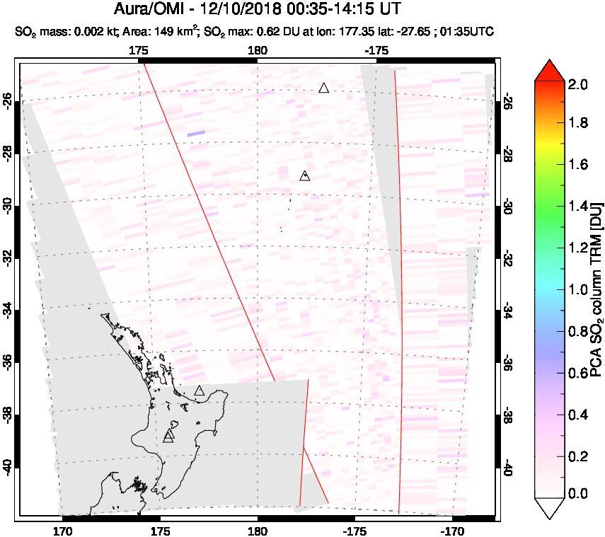 A sulfur dioxide image over New Zealand on Dec 10, 2018.