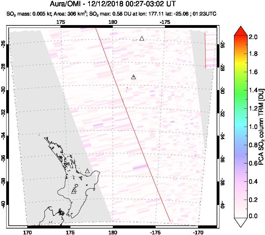A sulfur dioxide image over New Zealand on Dec 12, 2018.