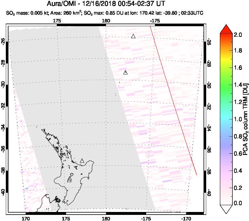 A sulfur dioxide image over New Zealand on Dec 16, 2018.
