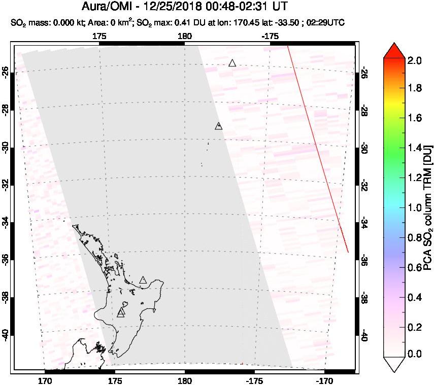 A sulfur dioxide image over New Zealand on Dec 25, 2018.