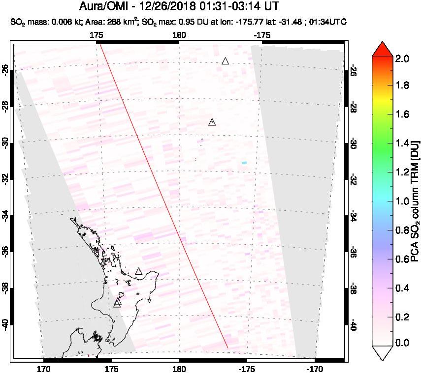 A sulfur dioxide image over New Zealand on Dec 26, 2018.