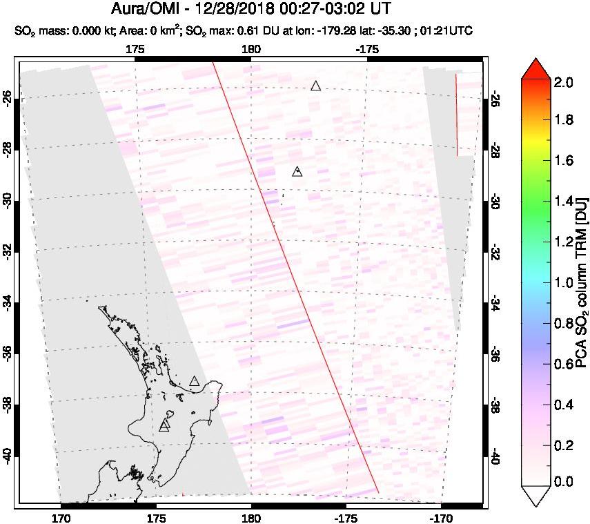 A sulfur dioxide image over New Zealand on Dec 28, 2018.