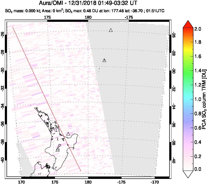 A sulfur dioxide image over New Zealand on Dec 31, 2018.