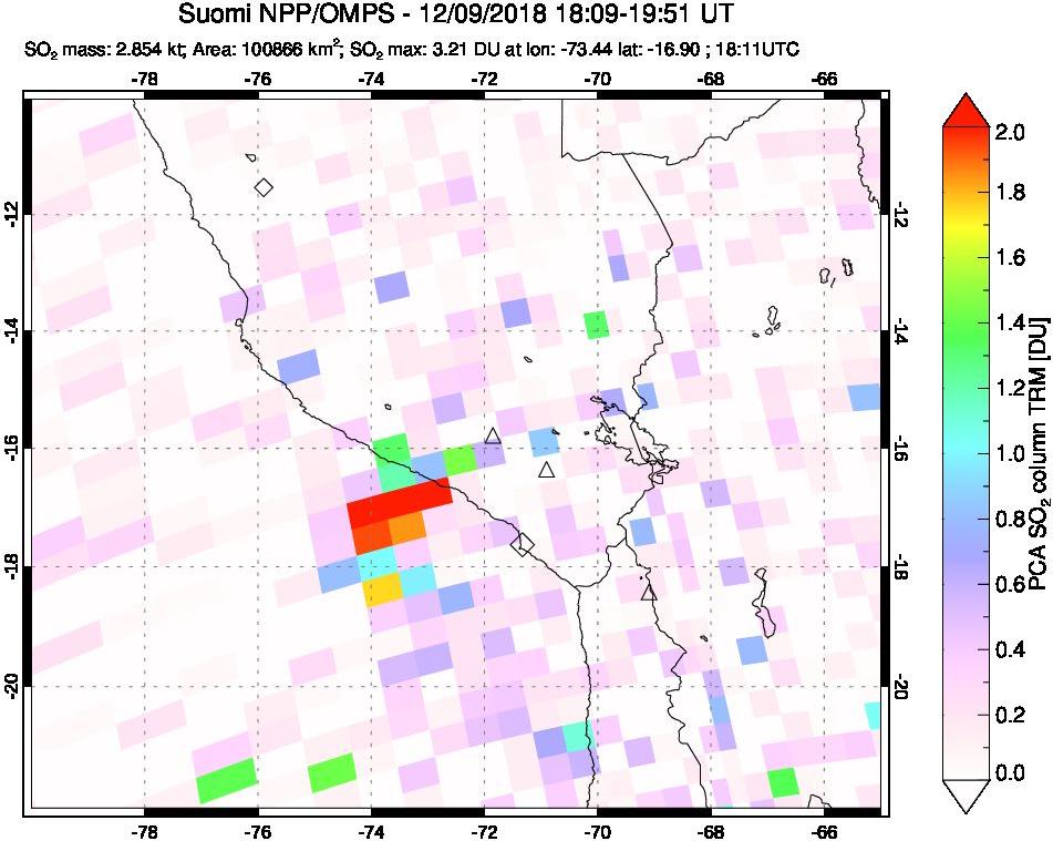 A sulfur dioxide image over Peru on Dec 09, 2018.