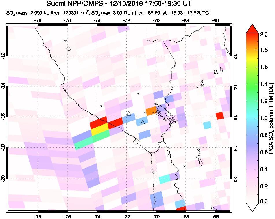 A sulfur dioxide image over Peru on Dec 10, 2018.