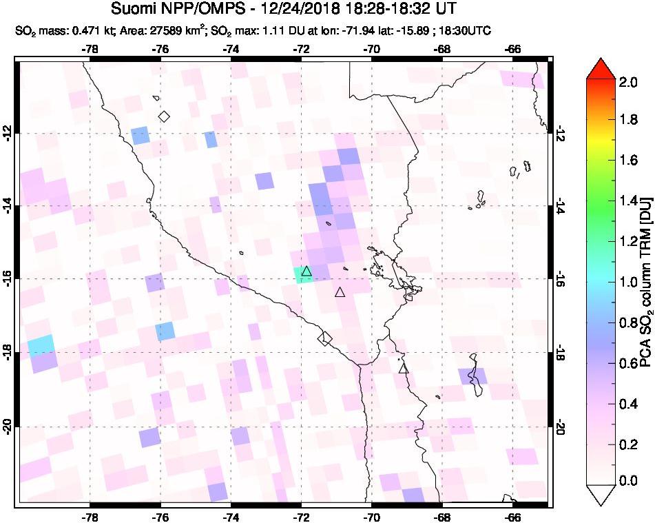 A sulfur dioxide image over Peru on Dec 24, 2018.