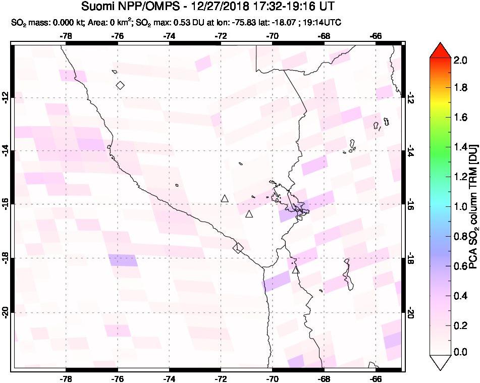 A sulfur dioxide image over Peru on Dec 27, 2018.