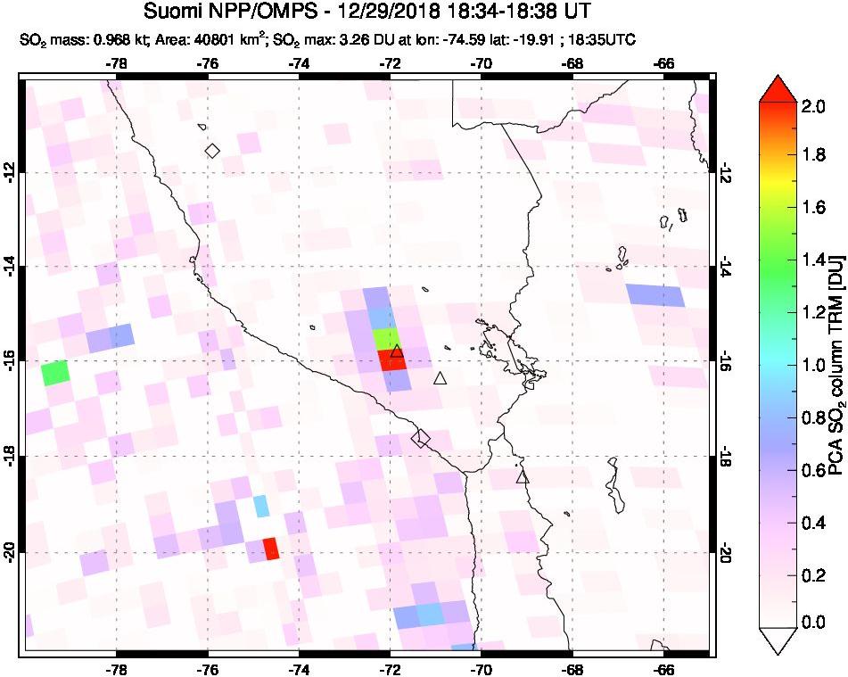 A sulfur dioxide image over Peru on Dec 29, 2018.