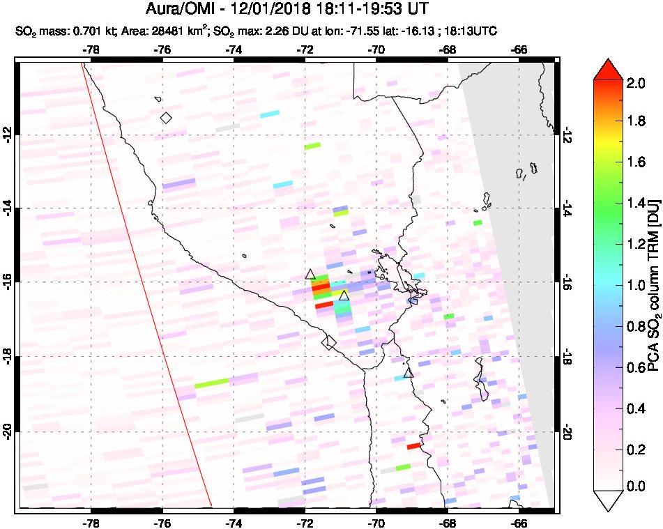A sulfur dioxide image over Peru on Dec 01, 2018.