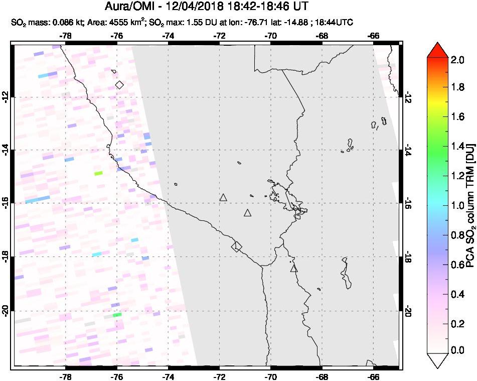 A sulfur dioxide image over Peru on Dec 04, 2018.
