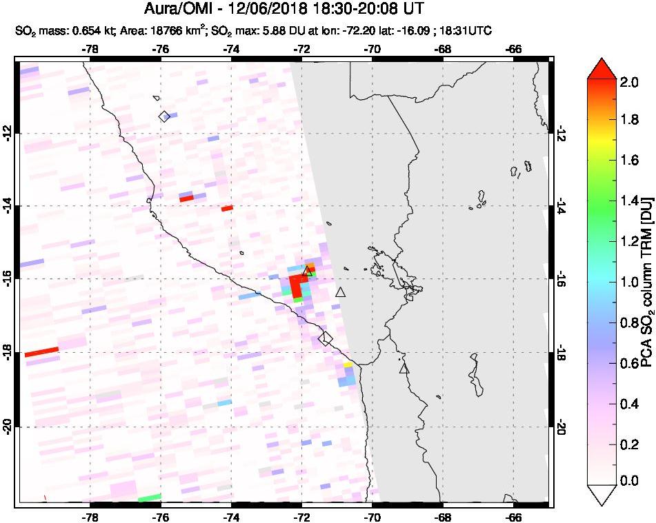 A sulfur dioxide image over Peru on Dec 06, 2018.