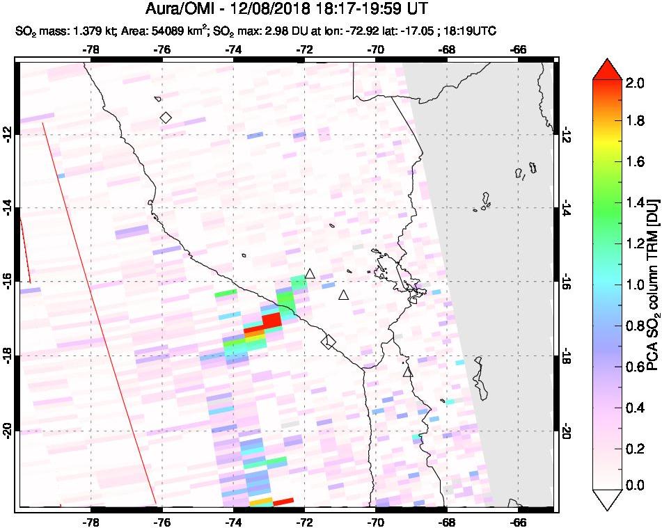 A sulfur dioxide image over Peru on Dec 08, 2018.