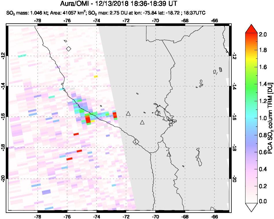 A sulfur dioxide image over Peru on Dec 13, 2018.