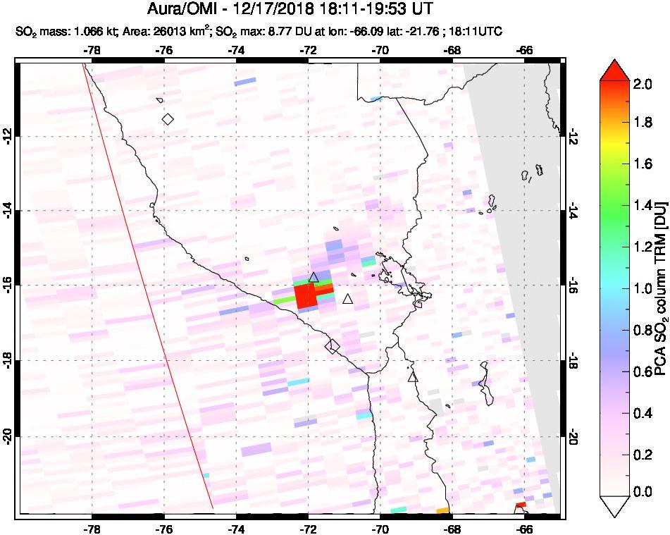 A sulfur dioxide image over Peru on Dec 17, 2018.