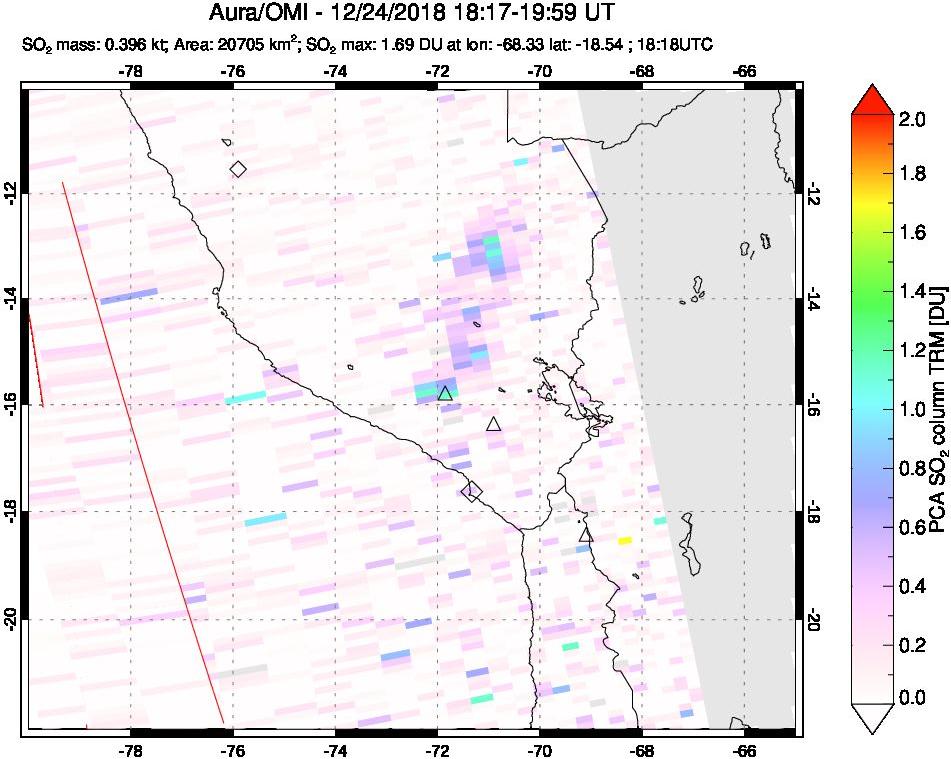 A sulfur dioxide image over Peru on Dec 24, 2018.