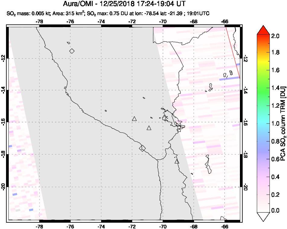 A sulfur dioxide image over Peru on Dec 25, 2018.