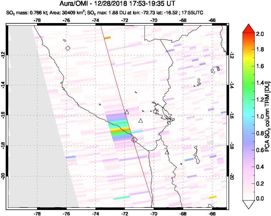 A sulfur dioxide image over Peru on Dec 28, 2018.
