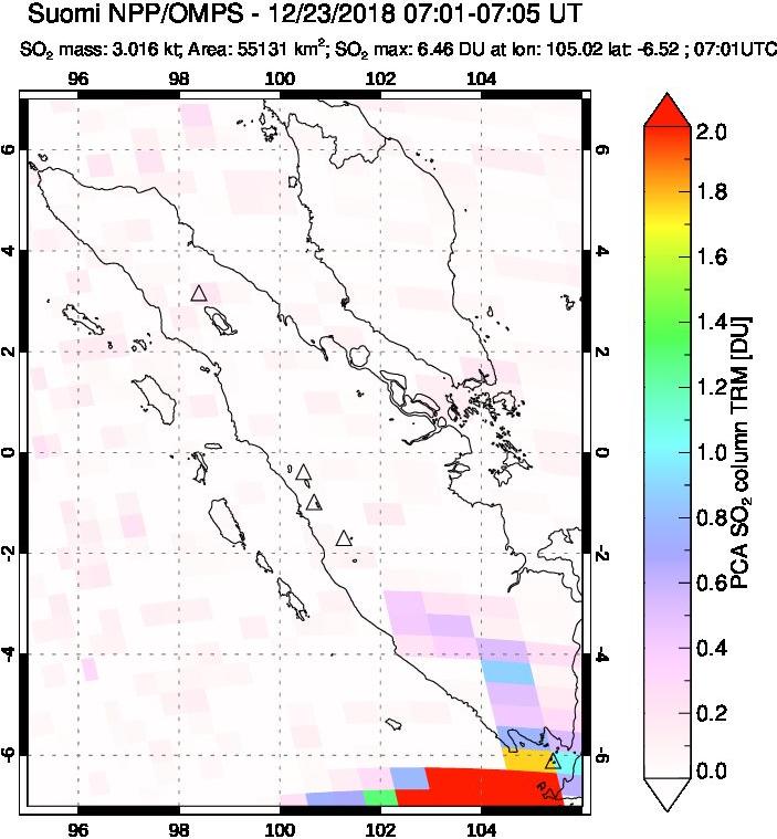 A sulfur dioxide image over Sumatra, Indonesia on Dec 23, 2018.