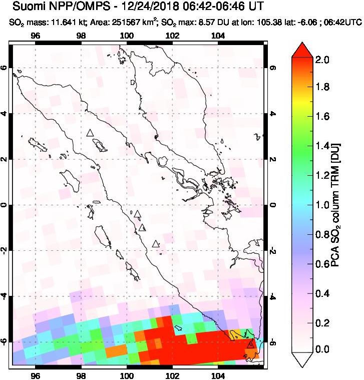 A sulfur dioxide image over Sumatra, Indonesia on Dec 24, 2018.