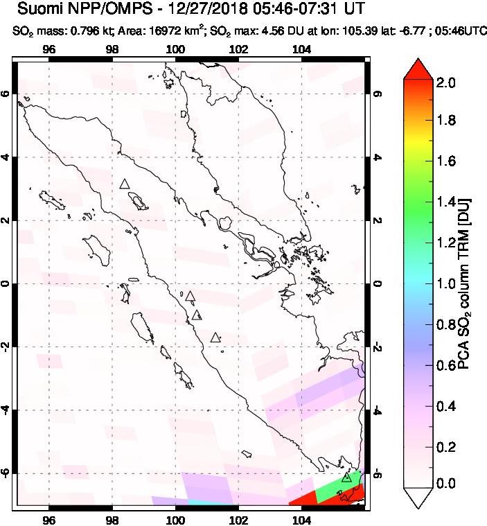A sulfur dioxide image over Sumatra, Indonesia on Dec 27, 2018.