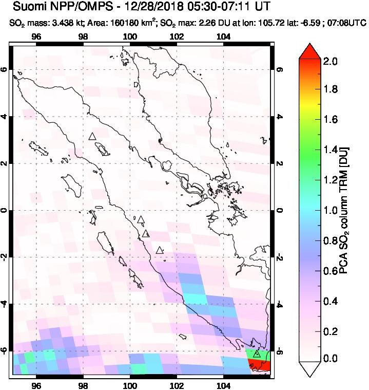 A sulfur dioxide image over Sumatra, Indonesia on Dec 28, 2018.