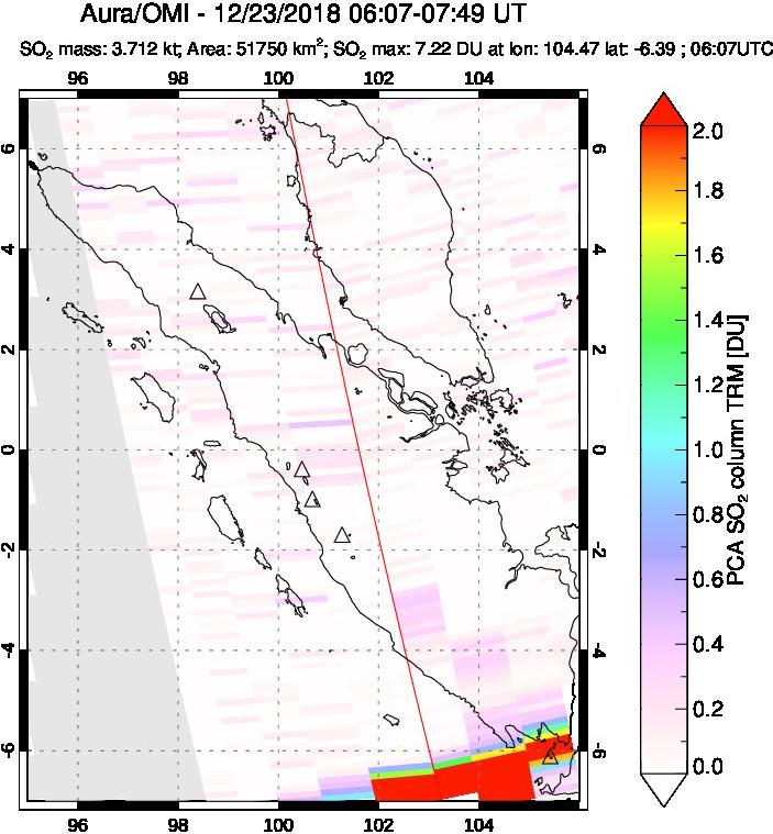 A sulfur dioxide image over Sumatra, Indonesia on Dec 23, 2018.