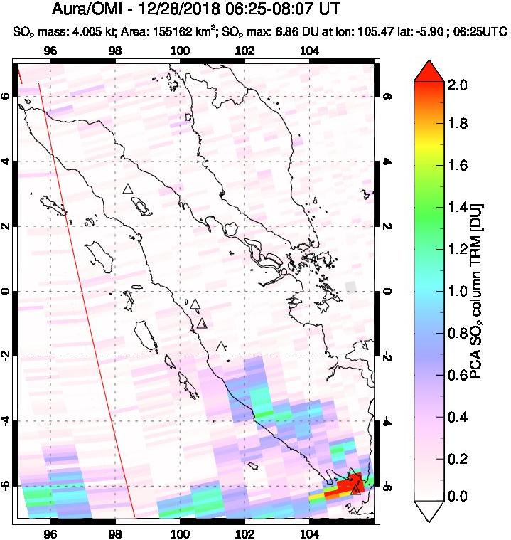 A sulfur dioxide image over Sumatra, Indonesia on Dec 28, 2018.