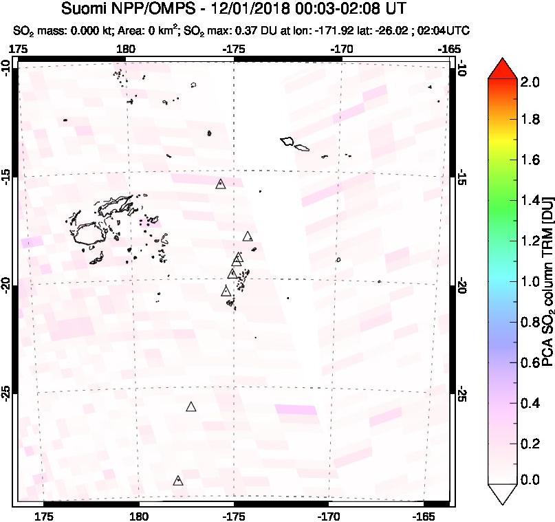 A sulfur dioxide image over Tonga, South Pacific on Dec 01, 2018.