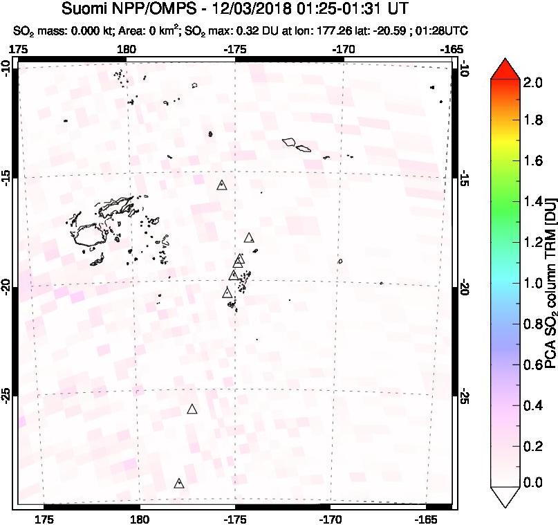 A sulfur dioxide image over Tonga, South Pacific on Dec 03, 2018.