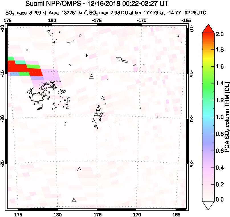 A sulfur dioxide image over Tonga, South Pacific on Dec 16, 2018.