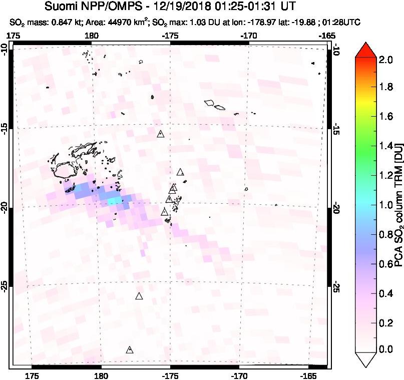 A sulfur dioxide image over Tonga, South Pacific on Dec 19, 2018.