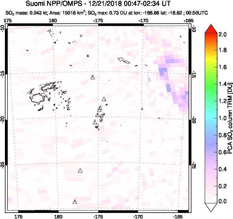 A sulfur dioxide image over Tonga, South Pacific on Dec 21, 2018.